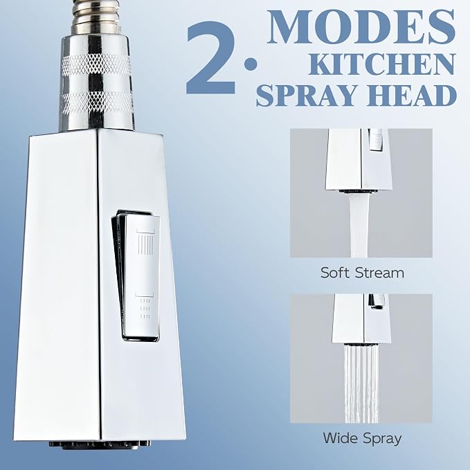 Square Kitchen Faucet Head Replacement Part, G1/2 (13/16" Male Thread) Pull Down Pull Out Sink Sprayer Nozzle, 2-Mode Stream & Spray Tap Spout Only, Splash-Free & Anti-Clog, Chrome