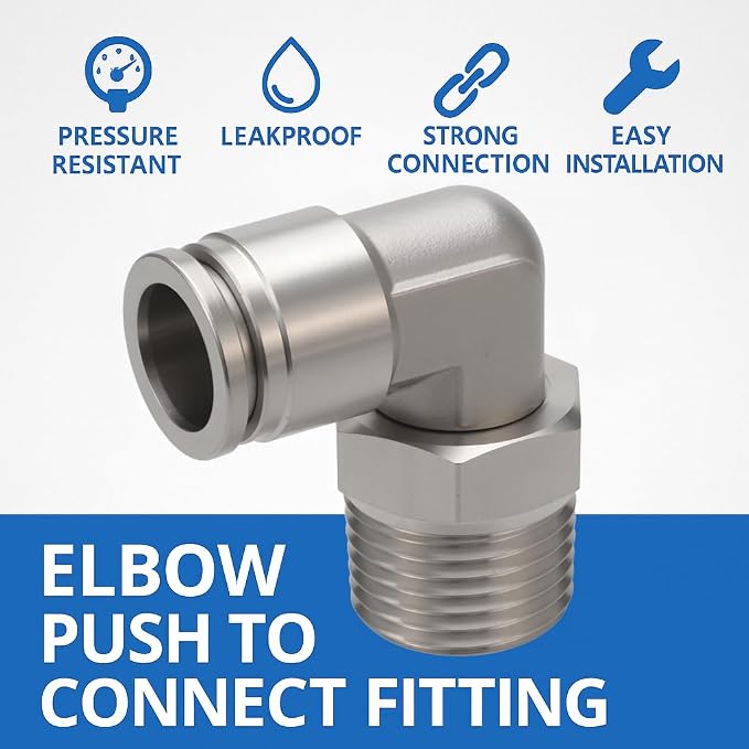Stainless Steel Push-to-Connect Elbow, 1/4" x 1/8" NPT, 2-Pack | Stainless steel male elbow fitting includes thread seal tape; quick-connect design for pneumatic air and vacuum systems.