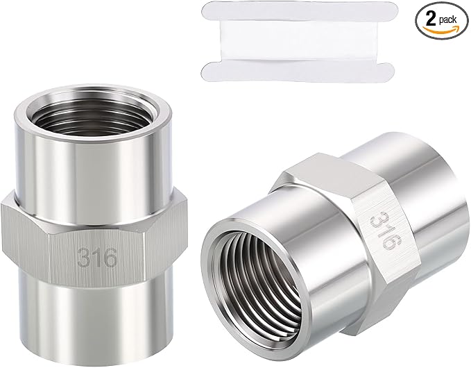 2Pack 1/2" FeMale NPT to 1/4" FeMale NPT 316 Stainless Steel Coupling | 316 Stainless Steel Pipe Fittings, Coupler Hex Head Connector with Sealing Tape for Air, Oil, LP, Gas, Fuel, Water