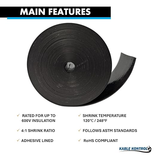 KABLE KONTROL Heat Shrink Tape - 2" Inch Wide - 16.5 Ft Rolls - 4:1 Adhesive Lined Shrinkable Tape for Electrical Cables, Wires, Pipes – Adhesive Activates Upon Heating Melts and Seals, RoHS - Black