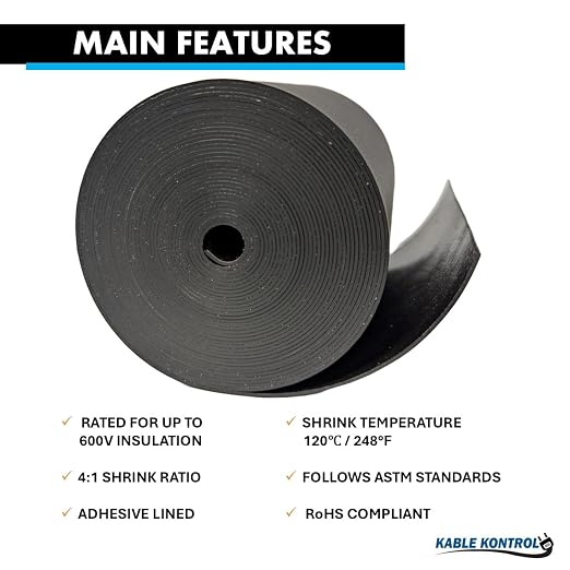 Kable Kontrol Heat Shrink Tape - 4" Inch Wide - 16.5 Ft Rolls - 4:1 Adhesive Lined Shrinkable Tape for Electrical Cables, Wires, Pipes – Adhesive Activates Upon Heating Melts and Seals, RoHS - Black