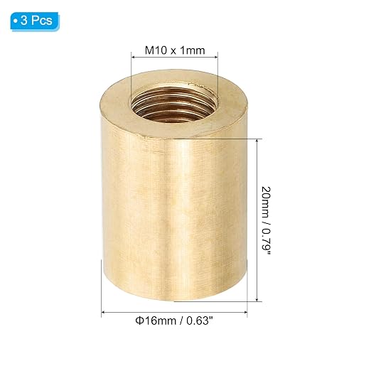 PATIKIL Lamp Pipe Brass Coupling Nut, 3 Pcs 20mm Long M10 Fine Round Thread Sleeve Lamp Pipe Adaptor Rod Connector Hardware for Light Fixture Assembly or Repair, 16mm OD.
