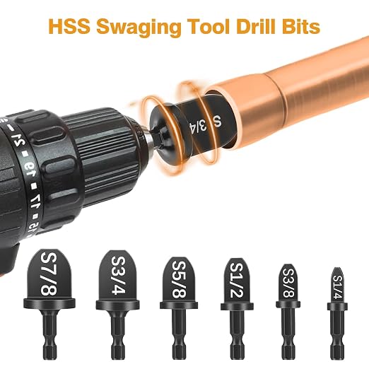 15 PCS Copper Swaging Tool HVAC, HVAC Tools with Swaging Drill Bit Set, Copper Pipe Swage Tool, Bit Holder Keychain, 1/4, 3/8, 1/2, 5/8, 3/4, 7/8