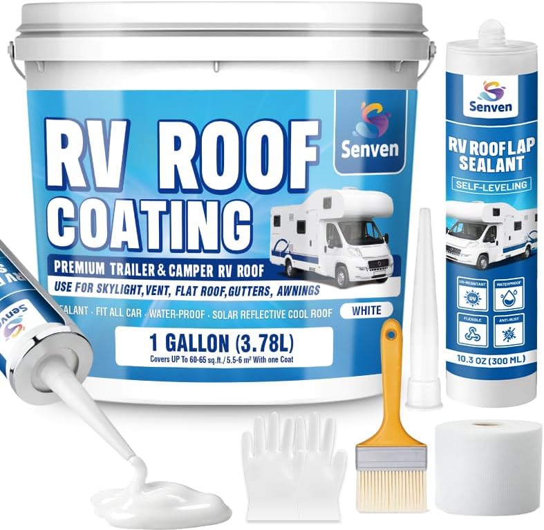 SENVEN RV Roof Sealant 1 Gallon and Self-Leveling Lap Sealant-10.3 Oz, RV Roof Coating RV Roof Sealant White Waterproof Solar Reflective & Leak Repair for Trailers Campers Motorhomes, Caulking Repair