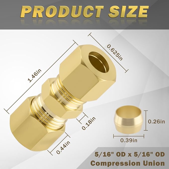 5/16" OD x 5/16" OD Brass Compression Union Fitting, 10 Pack Straight Tube Coupling Adapter with 10 Compression Ferrules for Ice Maker Water Plumbing
