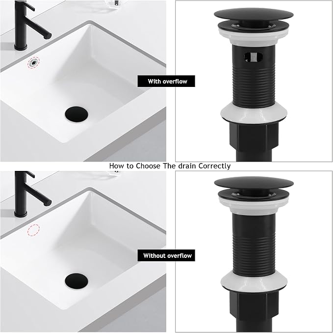 Bathroom Sink Drain,Drain Stopper Bathroom Sink with Overflow,Pop Up Drain Assembly with Detachable Strainer Basket,Built-in Anti-Clogging, Stainless Steel Nut Mattle Black