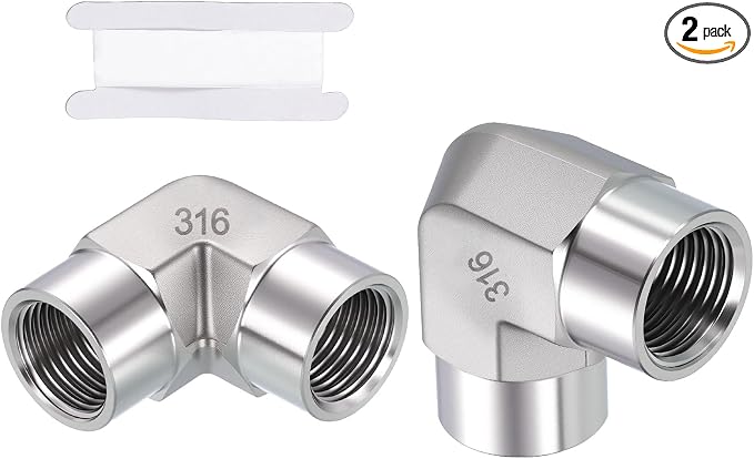 2 Pack SUS316 90 Degree 3/8" FNPT to 3/8" FNPT Barstock Street Elbow | 316 Stainless Steel Pipe Fittings, Forged Pipe Fitting Connector with Sealing Tape for Air, Oil, LP, Gas, Fuel, Water