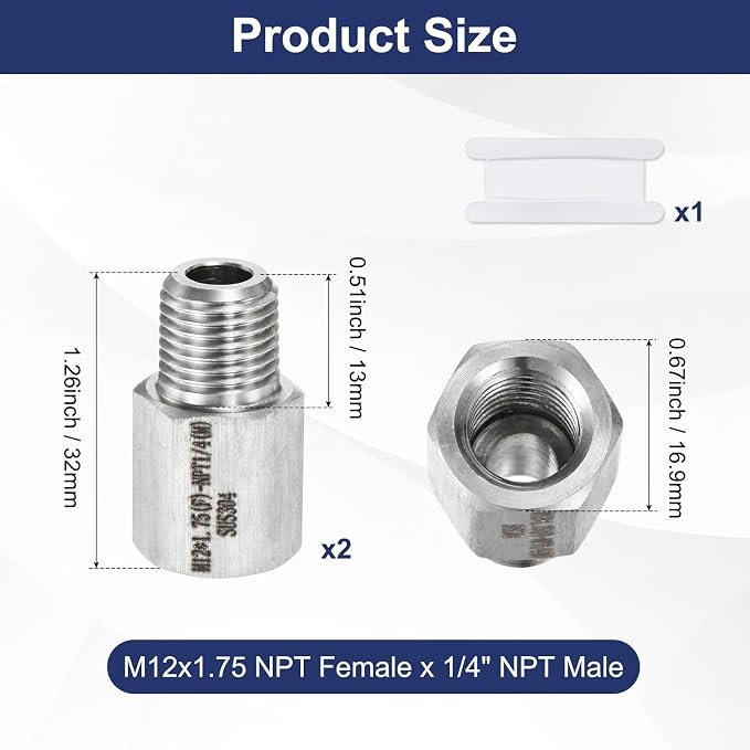 M METERXITY 2-Pack Garden Hose Adapter, Stainless Steel M12x1.75 NPT Female x 1/4" NPT Male Threaded Connector with Sealing Tape Garden Hose Convert Fitting for Pipe Fitting/Shower