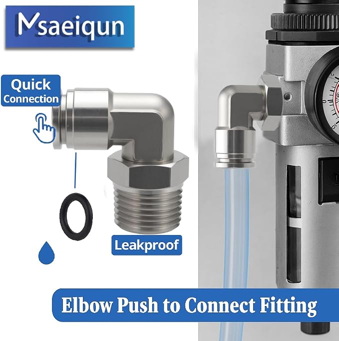 Stainless Steel Push-to-Connect Elbow, 1/4" x 1/8" NPT, 2-Pack | Stainless steel male elbow fitting includes thread seal tape; quick-connect design for pneumatic air and vacuum systems.