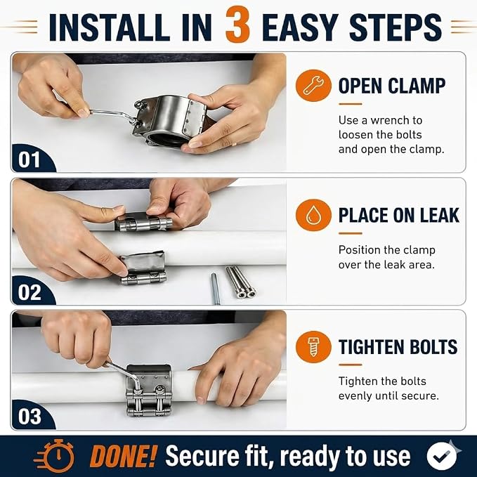 Pipe Repair Clamp，5 inch(138mm-144mm) Stainless Steel Leak Sealer, Heavy Duty Pipe Leak Repair Kit for Metal & PVC Pipes, for Burst & Crack Water Pipe Emergency Maintenance
