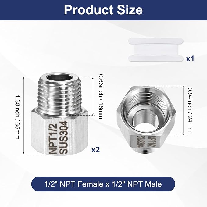 M METERXITY 2-Pack Garden Hose Adapter, Stainless Steel 1/2" NPT Female x 1/2" NPT Male Threaded Connector with Sealing Tape Garden Hose Convert Fitting for Pipe Fitting/Shower