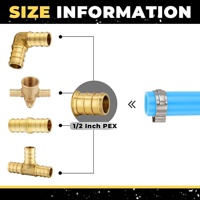 62 Pack Foskan 1/2 Inch PEX Barb Crimp Fittings Set | Includes 10pcs Elbows, 5pcs Tees, 5pcs Couplings,2pcs Drop Ear Elbows,And 40pcs Clamp rings,for PEX Plumbing Tubing