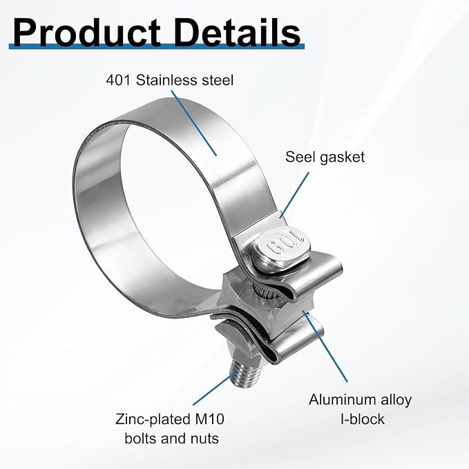 HARFINGTON 410 Stainless Steel Exhaust Clamp 2.48" Butt Joint Narrow Band Muffler Seal Exhaust Narrow Lap Butt Clamps for Pipes Muffler Converters System Repair, Silver