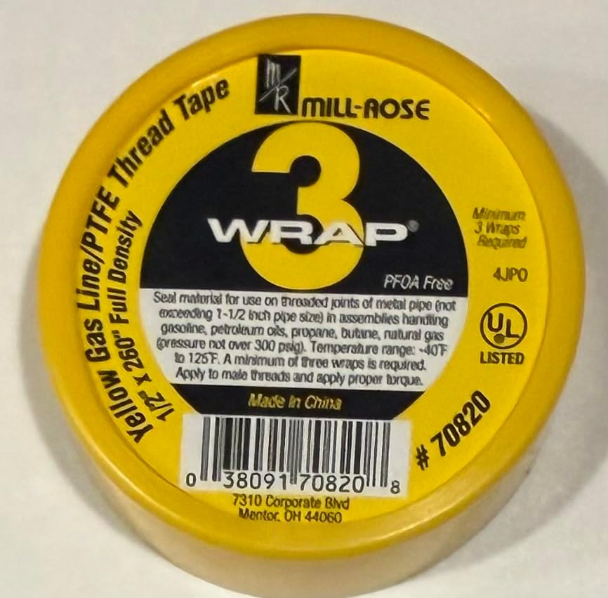 Three Pack - Mill-Rose WRAP 3 Yellow Gas Line PTFE Thread Tape, 1/2 Inch x 260 Inch, Full Density, PFOA Free, UL Listed