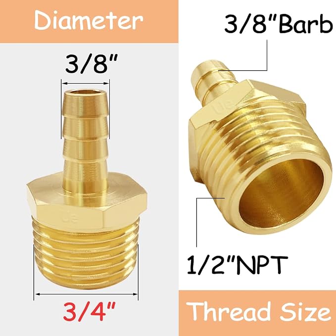 Uenede Brass 1/2" NPT Male to 3/8" Hose Barbed Fittings, 6PCS | Barb Pipe Fittings with Clamps Air Line Repair Connectors for Water Oil Gas