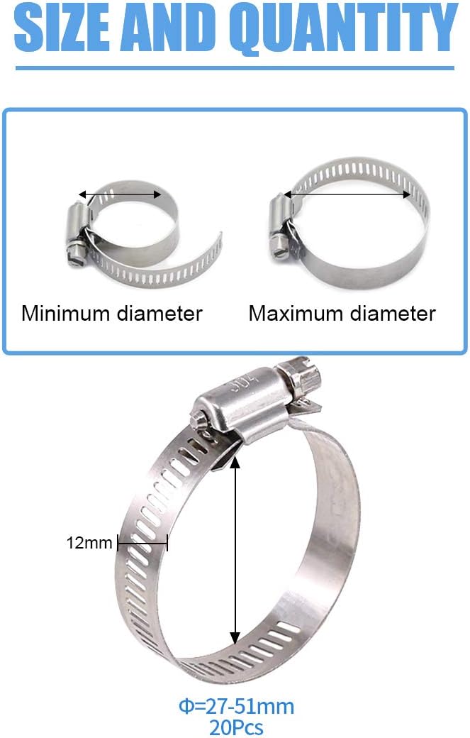 Glarks 20Pcs 304 Stainless Steel Adjustable 27-51MM Range Worm Gear Hose Clamps Assortment Kit, Fuel Line Clamp for Water Pipe, Plumbing, Automotive and Mechanical Application (27-51MM)