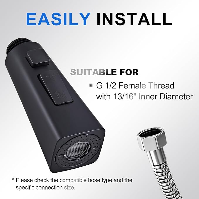 Square Kitchen Faucet Head Replacement Part, G1/2 (13/16" Male Thread) Pull Down Pull Out Sink Sprayer Nozzle, 3-Mode Stream Spray Pause Commercial Utility Tap Spout Only,Matte Black