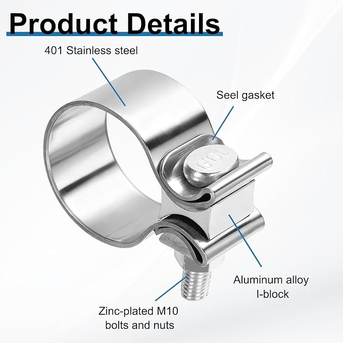 HARFINGTON 410 Stainless Steel Exhaust Clamp 1.89" Butt Joint Narrow Band Muffler Seal Exhaust Narrow Lap Butt Clamps for Pipes Mufflers Converters System Repair, Silver