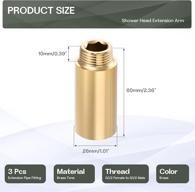 Shower Head Extension Arm, Brass G1/2 Male to Female Thread 60mm/2.36" Length Extender Pipe Fitting Nipple for Showers, Faucets, and Plumbing with PTFE Thread Seal Tape 3 Pack