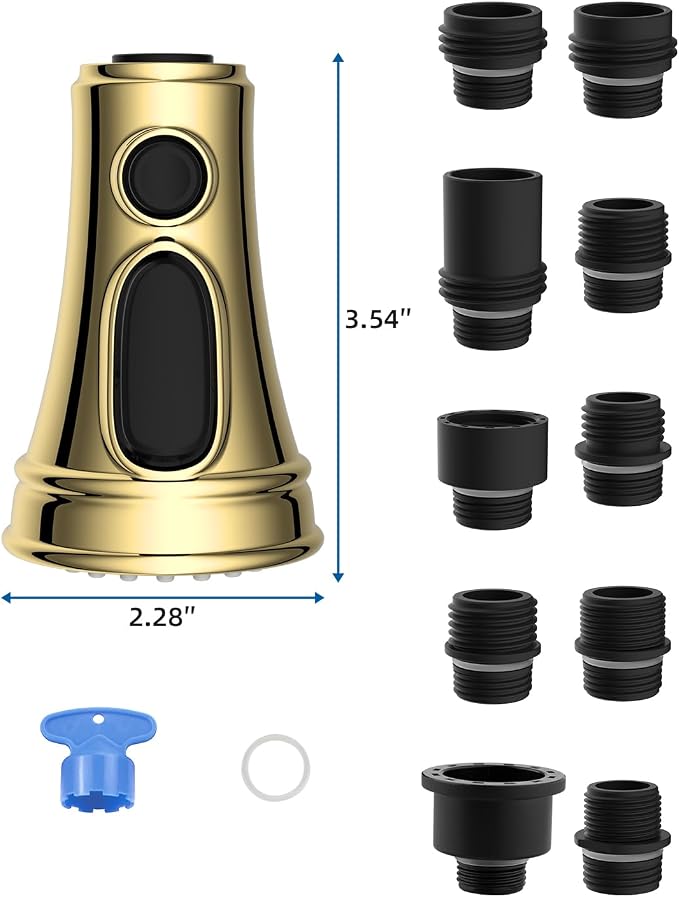 Hibbent Kitchen Faucet Head Replacement, NSF/ANSI/CAN 61 & CUPC Certified, 3 Function Pull Down Faucet Spray Nozzle - 10 Adapters Compatible with Moen, American Standard, Delta, Kohler-Polished Brass