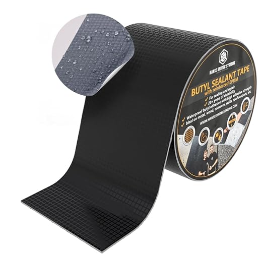 HSS Butyl Sealant Tape 4 Inch x 50 Feet Reinforced EPDM R2+ | 4 in x 50 ft · Black · Reinforced EPDM · Waterproof Butyl Seal Tape for Joints, Roofs, Boats & more · Airtight · Solvent-Free