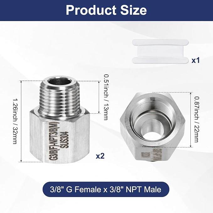 M METERXITY 2-Pack Garden Hose Adapter, Stainless Steel 3/8" g Female x 3/8" NPT Male Threaded Connector with Sealing Tape Garden Hose Convert Fitting for Pipe Fitting/Shower