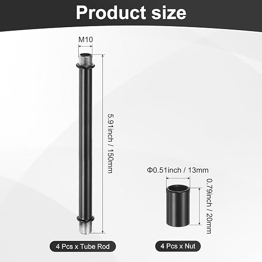 M METERXITY 4-Set Straight Pipe Lamp Stem Kit, 150mm(5.91") Long M10 Double End Thread Rod W/Coupling Sleeve Nuts for Table Lamps/Chandeliers, Light Fixture Replacement Parts [Black]