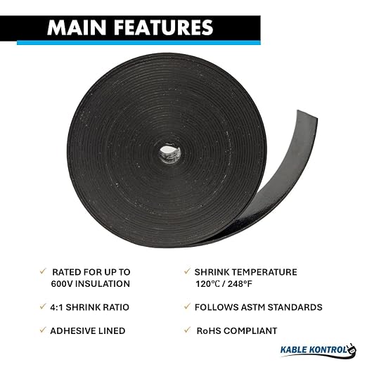 KABLE KONTROL Heat Shrink Tape - 1" Inch Wide - 16.5 Ft Rolls - 4:1 Adhesive Lined Shrinkable Tape for Electrical Cables, Wires, Pipes – Adhesive Activates Upon Heating Melts and Seals, RoHS - Black