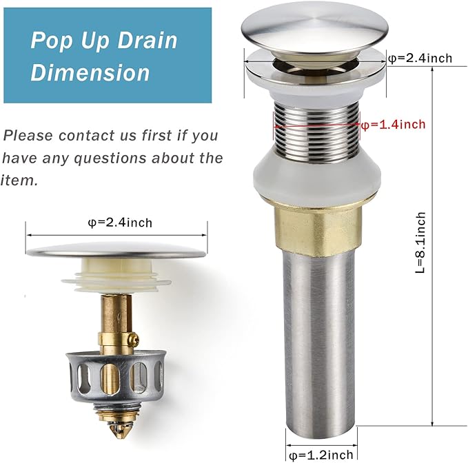Rockgoya Bathroom Sink Drain,Drain Stopper Bathroom Sink Without Overflow,Pop Up Drain Assembly with Detachable Strainer Basket,Built-in Anti-Clogging Strainer,Stainless Steel Brushed Nickel