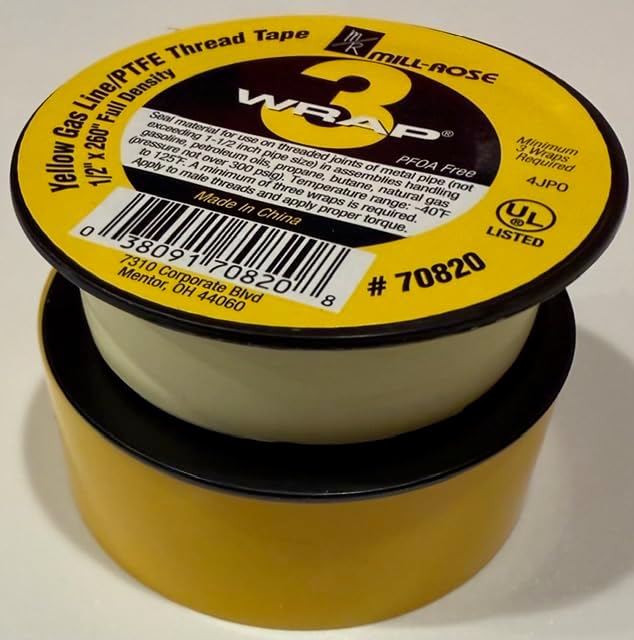Three Pack - Mill-Rose WRAP 3 Yellow Gas Line PTFE Thread Tape, 1/2 Inch x 260 Inch, Full Density, PFOA Free, UL Listed