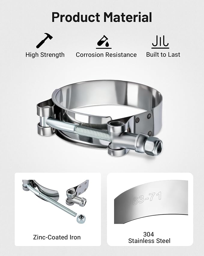 EVIL ENERGY 2.75 Inch T-Bolt Hose Clamps, Stainless Steel 304 Turbo Intake Clamps, 71-78mm Adjustable Range for 2-3/4" Hose ID, Intercooler Radiator Pipe Clamps for Silicone Coolant Hoses, 4PCS