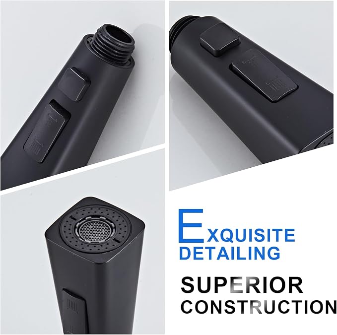 Square Kitchen Faucet Head Replacement Part, G1/2 (13/16" Male Thread) Pull Down Pull Out Sink Sprayer Nozzle, 3-Mode Stream Spray Pause Commercial Utility Tap Spout Only,Matte Black