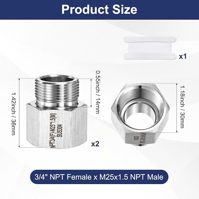 M METERXITY 2-Pack Garden Hose Adapter, Stainless Steel 3/4" NPT Female x M25x1.5 NPT Male Threaded Connector with Sealing Tape Garden Hose Convert Fitting for Pipe Fitting/Shower