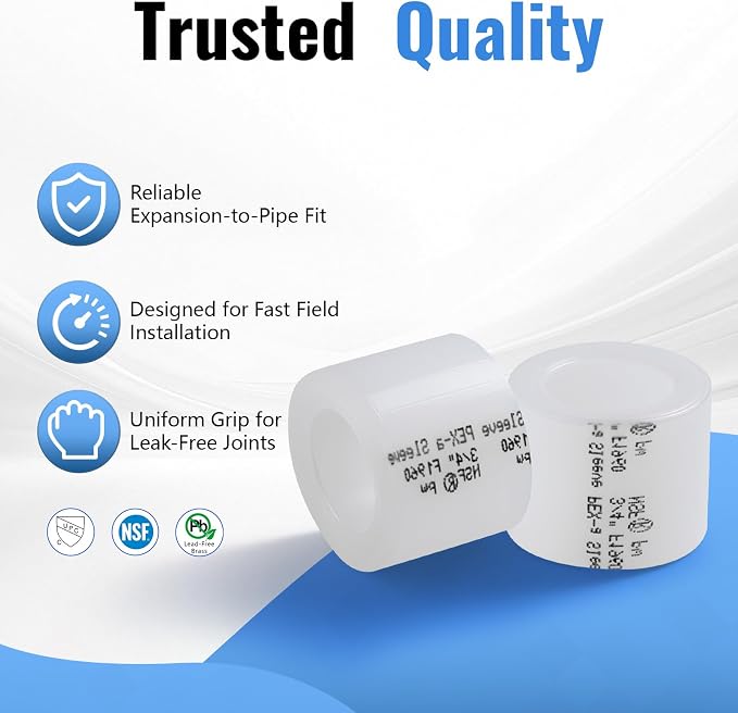 (90 Pack YVSKM) PEX-A Expansion Rings with STOP 60 pcs 1/2 inch + 30 pcs 3/4 inch — F1960 Full-Flow Expansion Sleeves for PEX-A Pipe, Leak-Tight, Fast Install for Hot/Cold & Potable Water