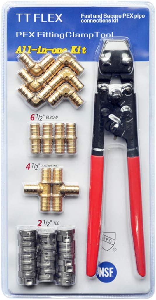 TTFLEX Pex Cinch Tool Kit with Cinch Tool, Clamp Rings & 1/2" Brass Fitting | RV Pex Repair Kit, Lead-Free Brass Fittings, 12 PCS 1/2" Tee Elbow Coupling, 26 PCS 1/2" PEX Cinch Clamp Rings