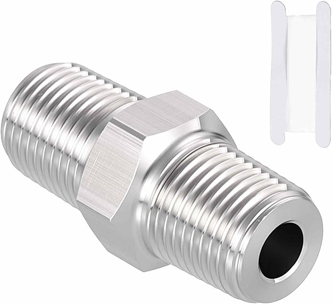 1/8" Male NPT To 1/8" Male NPT SUS304 Hex Nipple | Solid Male Pipe Adapter Hose Connectors with Sealing Tape for Pipe Repair, Bathroom Remodel, Tool Extensions, Compression