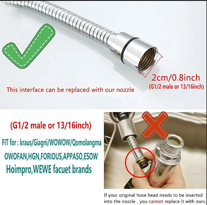 PULL down kitchen faucet sprayer head replacement,| G1/2 male or 13/16inch,| 2-Functions pull out kitchen sink faucet head replacement parts Compatible with RV/Giagni/WOWOW/OWOFAN Brushed Nickel