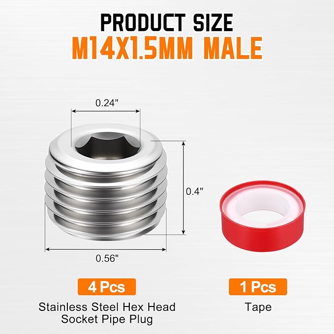 4Pack Hex Head Socket Pipe Plug Fitting M14x1.5mm End Cap Hex Thread | Male Threaded, 304 SS, Pipe Fittings, with W/Tape, for Water Pump Engine Industrial Piping