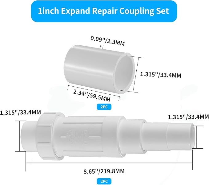 LESSO 1 inch PVC Pipe Repair Coupling Kit, SCH40 White, 2 Sets | 1" PVC Fittings Repair Coupling, For Broken or Cracked In-Ground Pipe