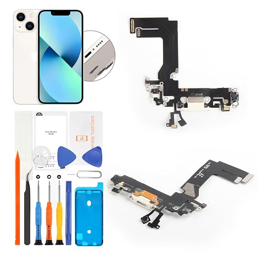 for iPhone 12 mini Lightning Charging Port Replacement Black Dock Connector Flex Cable Assembly with Waterproof Tape & Tool Kit A2176 A2398 A2400 A2399 (White)