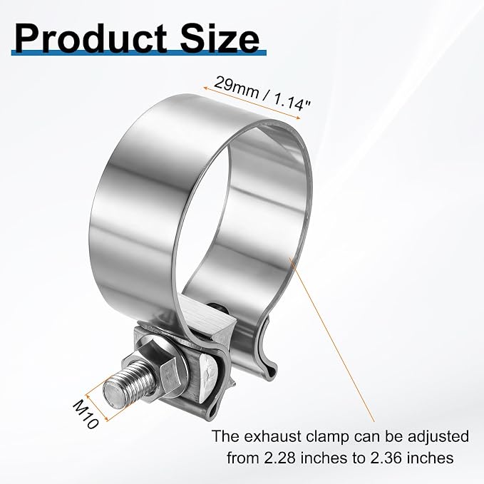 HARFINGTON 410 Stainless Steel Exhaust Clamp 2.36" Butt Joint Narrow Band Muffler Seal Exhaust Narrow Lap Butt Clamps for Pipes Mufflers Converters System Repair, Silver