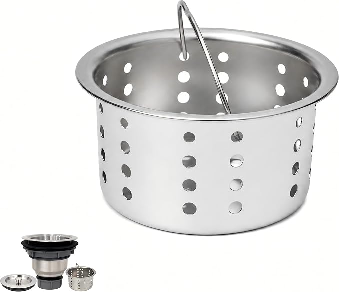 Updated Sink Strainer Basket Only, 3-inch Basket for 3.5 inch Kitchen Sink Strainer,Replacement Basket with Handle, Deep Cup SUS304 Bright Chrome,Food Catcher for Standard Kitchen Sink Drains