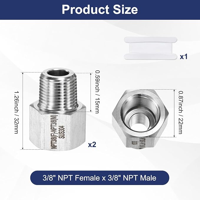 M METERXITY 2-Pack Garden Hose Adapter, Stainless Steel 3/8" NPT Female x 3/8" NPT Male Threaded Connector with Sealing Tape Garden Hose Convert Fitting for Pipe Fitting/Shower