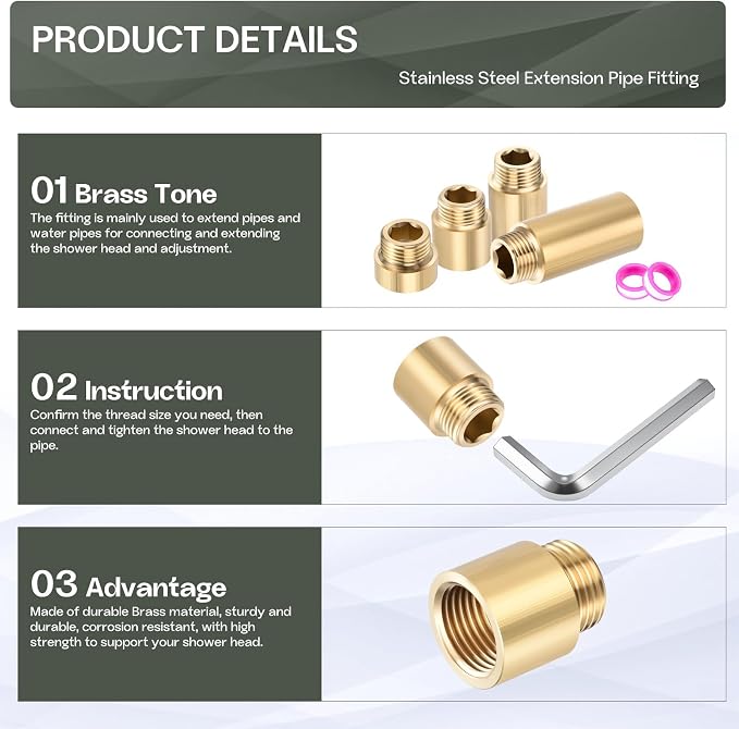 Shower Head Extension Arm, Brass G1/2 Male to Female Thread 30mm/1.18" Length Extender Pipe Fitting Nipple for Showers, Faucets, and Plumbing with PTFE Thread Seal Tape 3 Pack