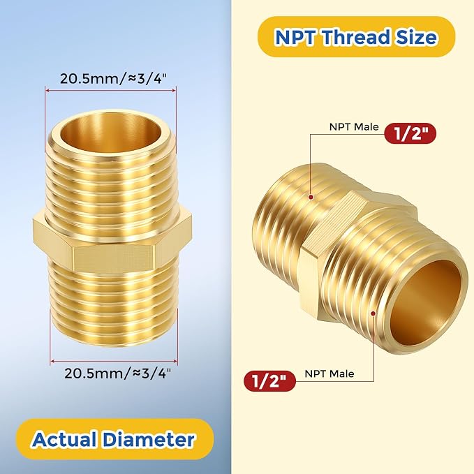 4 Pack Brass Pipe Fittings, 1/2" MNPT to 1/2" Male NPT | Brass Hex Nipple W/ Sealing Tape, Male Pipe Adapter Reducer for Air, Oil, LP, Gas