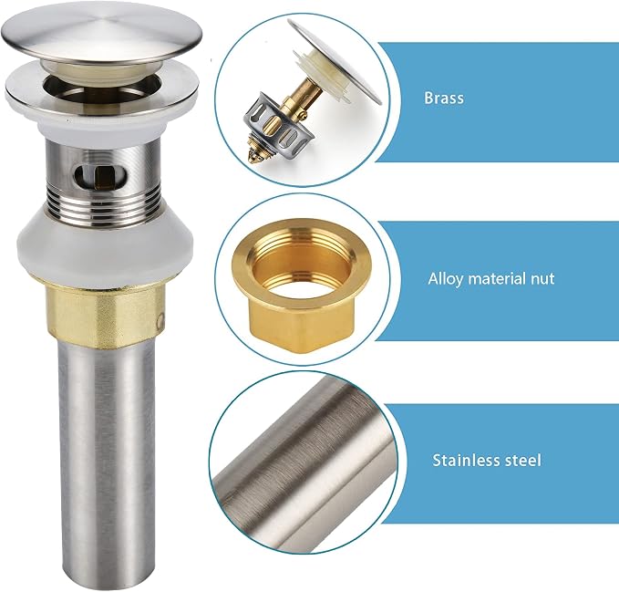 Rockgoya Bathroom Sink Drain,5 Pack Drain Stopper Bathroom Sink with Overflow,Pop Up Drain Assembly with Detachable Strainer Basket,Built-in Anti-Clogging Strainer,Stainless Steel Brushed Nickel