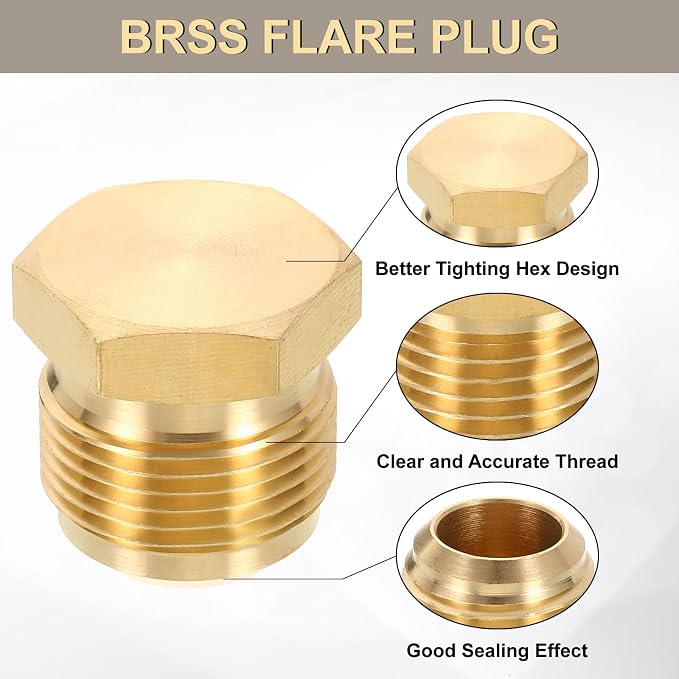 uxcell 2Pcs Brass Seal Plug, 1-1/16" UNF Male Thread Hex Pipe Fitting, Flare Tube Fittings with Tape for Air Conditioner Pipe Extension Water Gas Line