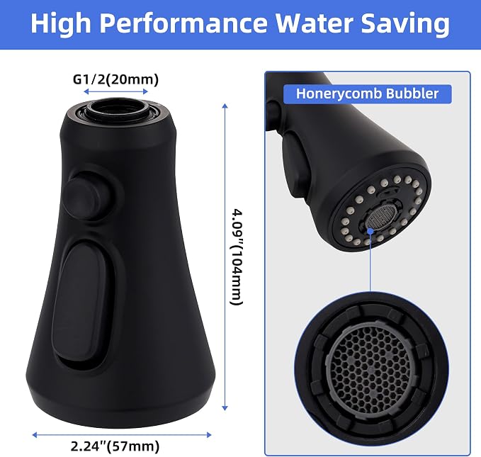 Universal Pull-Down Kitchen Faucet Sprayer Head 3-Mode, 15-Adapter, Black