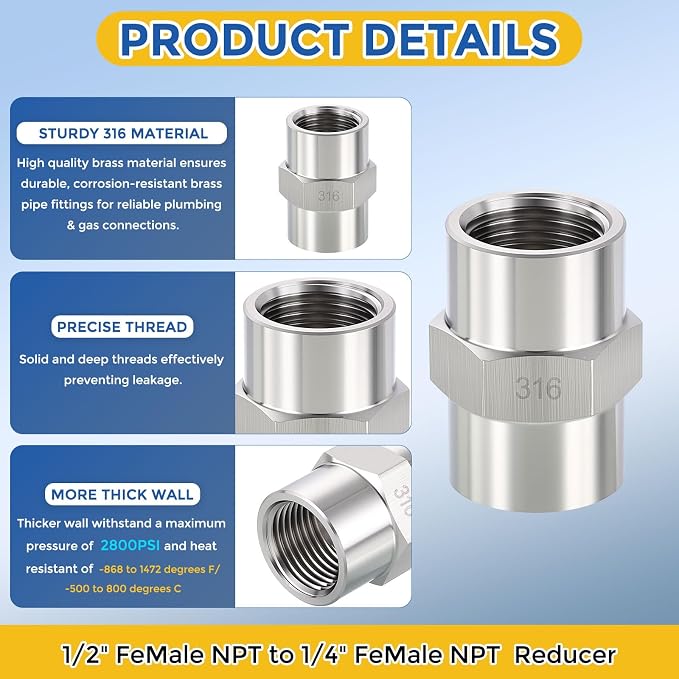 2Pack 1/2" FeMale NPT to 1/4" FeMale NPT 316 Stainless Steel Coupling | 316 Stainless Steel Pipe Fittings, Coupler Hex Head Connector with Sealing Tape for Air, Oil, LP, Gas, Fuel, Water