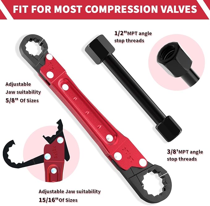 Angle Stop Wrench Kit, 3-Piece Plumbing Tool Set with Compression Sleeve Puller & 4-Way Sillcock Key, 15/16" & 5/8" Plumber Wrench for 3/8" & 1/2" Angle Stop Valves, Tight Spaces